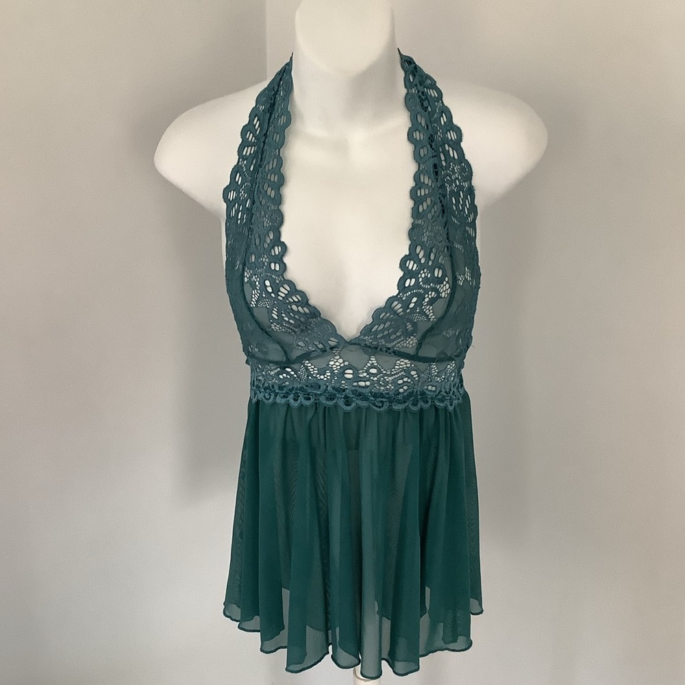 Escante Collection Chic Lace Halter Chemise in Teal Green Sz. S